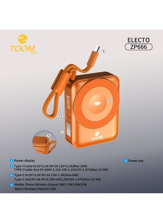 زوم بلس باور بنك زوم بلس ELECTO ZP666 بسعة 10000 مللي أمبير | شحن لاسلكي 15 واط | كابل مدمج | تصميم مدمج وشحن سريع - Image 1